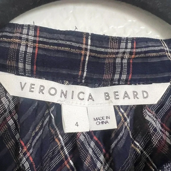 Veronica Beard Sz 4 Ashlynn Plaid Button Up Blouse Navy Blue Pearl Snap Academia - Picture 3 of 11